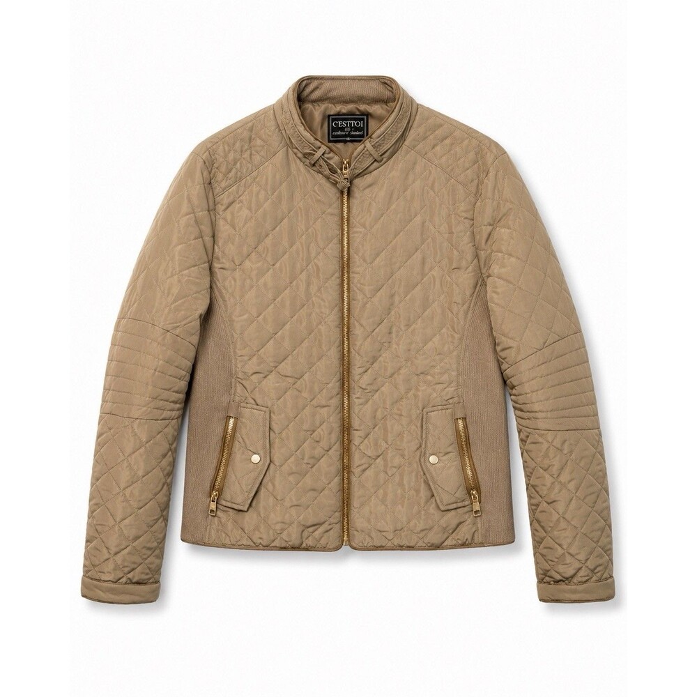 C’EST TOI Quilted Bomber Jacket Womens L Taupe Beige Full Zip Lightweight Moto